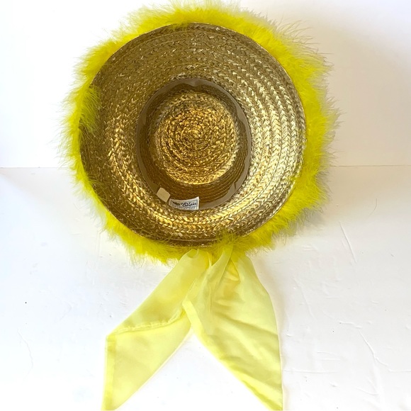 Vintage 1960s Happy Cappers Marabou Feather MCM Retro Mod Straw Hat - Yellow - Picture 6 of 10